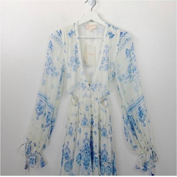 NWT Rococo Sand Leas Long Floral Cutout Maxi Dress White Blue Metallic - Picture 7 of 14